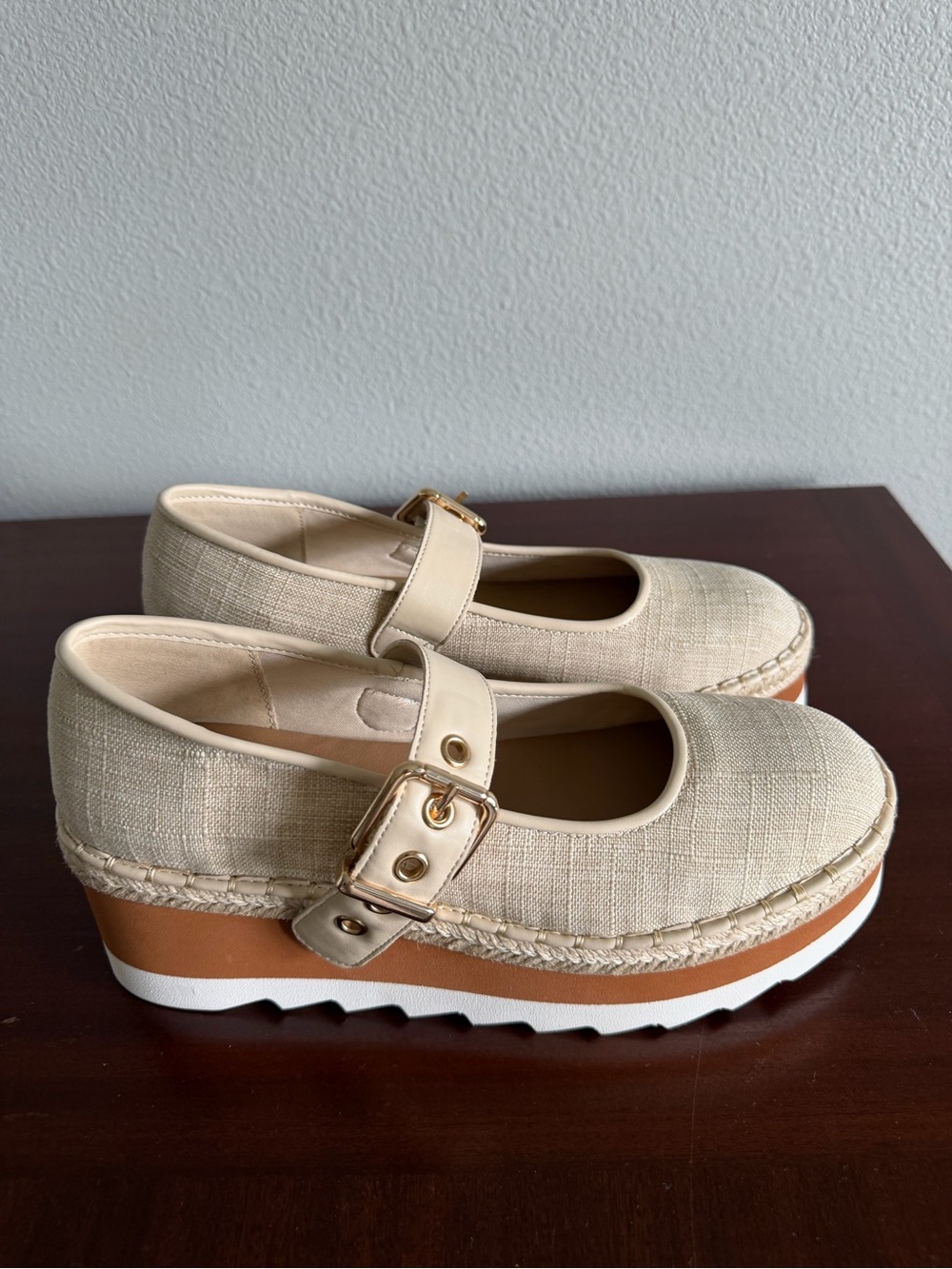 Chelsea & Violet Cream Mary Jane Platform Espadrille